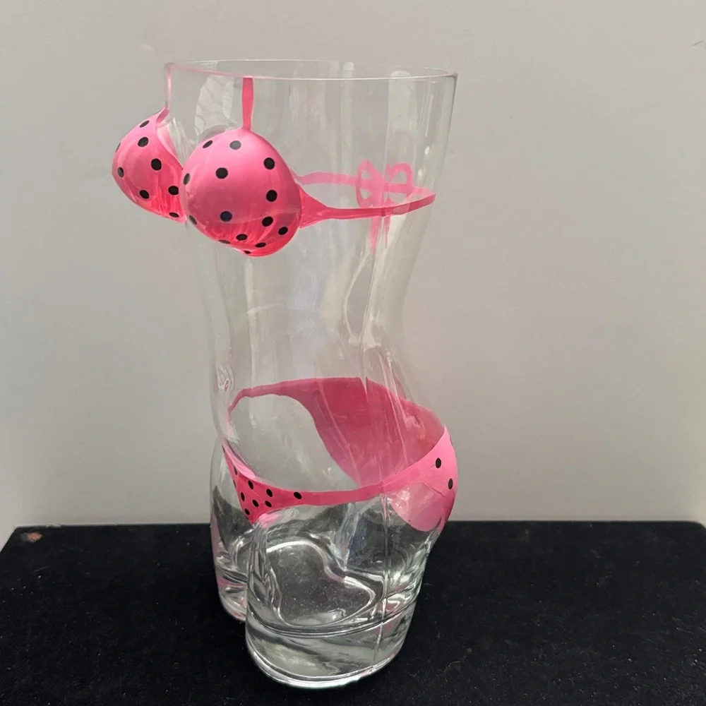 novelty glass/vase  woman's torso, decorated w/pink, polka-dotted bikini 10.24”